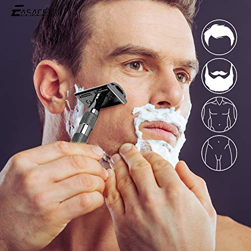 EASACE Cuchilla de Doble Filo Kit de Maquinilla de Afeitar para Hombres Mujeres Afeitado Húmedo+1 Soporte+1 Cepillo de Limpieza+10 Cuchillas de Doble Filo de Acero Inoxidable (Negro)