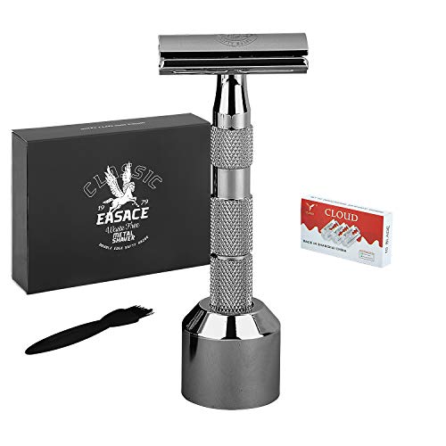 EASACE Cuchilla de Doble Filo Kit de Maquinilla de Afeitar para Hombres Mujeres Afeitado Húmedo+1 Soporte+1 Cepillo de Limpieza+10 Cuchillas de Doble Filo de Acero Inoxidable (Negro)