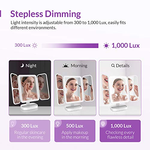 EASEHOLD Espejo Maquillaje con Luz, Triple Espejo Plegable con Aumentos 10x, 5X, 2X, 1x, 38 Lámpara LED 180º con Mostrador, Regalos Originales para Mujer, Carga con USB o Batería (Blanco)