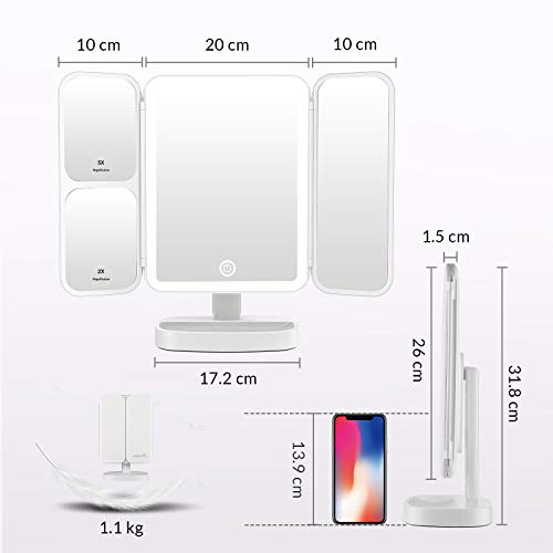EASEHOLD Espejo Maquillaje con Luz, Triple Espejo Plegable con Aumentos 10x, 5X, 2X, 1x, 38 Lámpara LED 180º con Mostrador, Regalos Originales para Mujer, Carga con USB o Batería (Blanco)