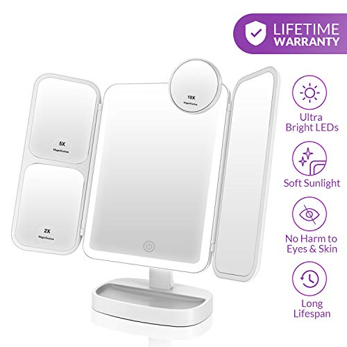 EASEHOLD Espejo Maquillaje con Luz, Triple Espejo Plegable con Aumentos 10x, 5X, 2X, 1x, 38 Lámpara LED 180º con Mostrador, Regalos Originales para Mujer, Carga con USB o Batería (Blanco)
