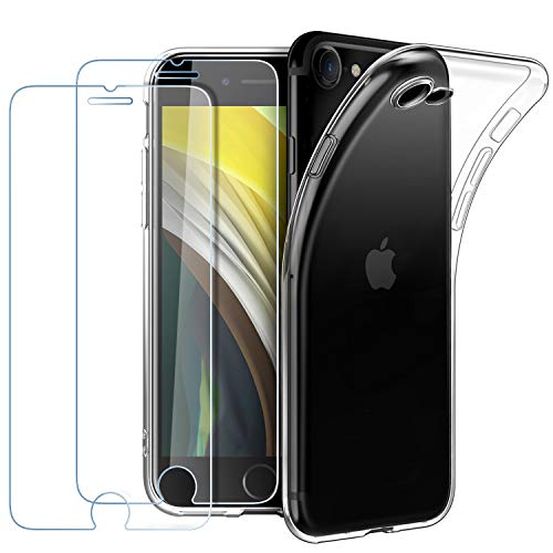 EasyAcc Funda iPhone SE 2020[ 2*Protector de Pantalla de Vidrio Templado ],Funda Carcasa TPU Alta Definicion Cristal Vidrio Premium Silicona para iPhone SE 2020 - Transparente