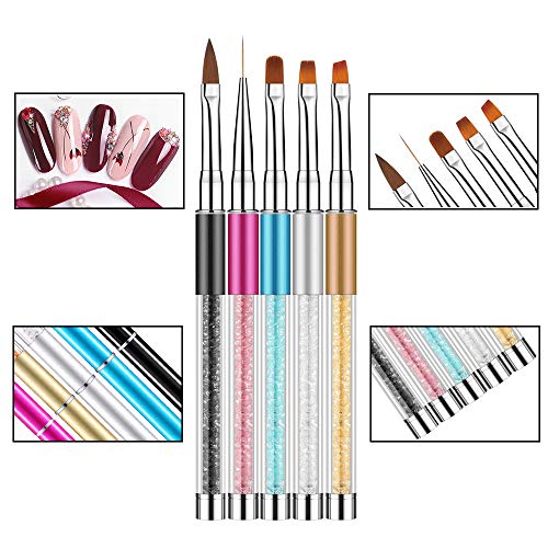 Ebanku 5 Pcs Acrilicas Pinceles para Uñas de Gel Decoracion, Nail Art Acrílico Pintura Dibujo Diseño Cepillo DIY Kit de Herreamientas de Manicurade