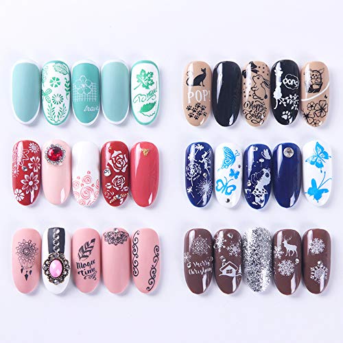 Ebanku Conjunto de plantillas de estampado, 6 placas de estampado de uñas con 1 sello de uñas y 1 raspador de uñas, herramientas de impresión de manicura floral para diseños de uñas de bricolaje