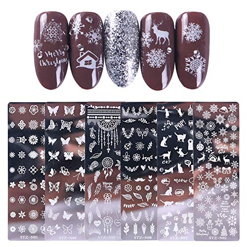 Ebanku Conjunto de plantillas de estampado, 6 placas de estampado de uñas con 1 sello de uñas y 1 raspador de uñas, herramientas de impresión de manicura floral para diseños de uñas de bricolaje