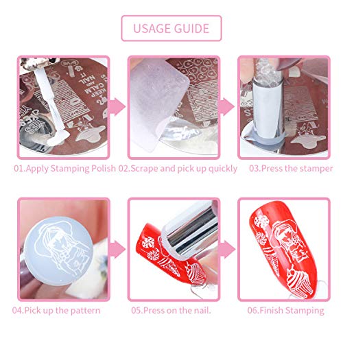 Ebanku Conjunto de plantillas de estampado, 6 placas de estampado de uñas con 1 sello de uñas y 1 raspador de uñas, herramientas de impresión de manicura floral para diseños de uñas de bricolaje