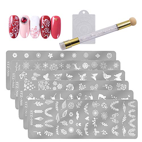 Ebanku Conjunto de plantillas de estampado, 6 placas de estampado de uñas con 1 sello de uñas y 1 raspador de uñas, herramientas de impresión de manicura floral para diseños de uñas de bricolaje
