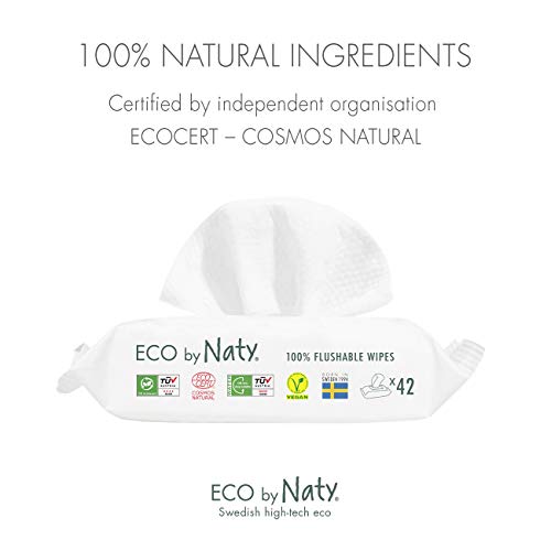 Eco by Naty Toallitas Desechables en el Inodoro para bebé, 504 unidades (12 paquetes de 42), Toallitas húmedas compostables hechas a base de fibras vegetales. 0% plástico. Sin sustancias nocivas.