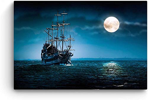Eco Light - Lienzo decorativo para pared, diseño de barco y luna sobre mar azul moderno 60 x 90 cm turquesa