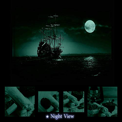 Eco Light - Lienzo decorativo para pared, diseño de barco y luna sobre mar azul moderno 60 x 90 cm turquesa