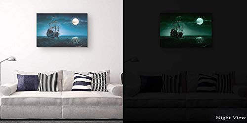 Eco Light - Lienzo decorativo para pared, diseño de barco y luna sobre mar azul moderno 60 x 90 cm turquesa