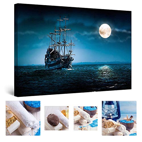 Eco Light - Lienzo decorativo para pared, diseño de barco y luna sobre mar azul moderno 60 x 90 cm turquesa