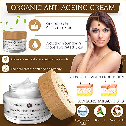 Ecodrop Organic Anti Ageing Cream | Crema Tratamiento Facial Antiedad Avanzada para Mujeres y Hombres | Completamente Natural | Con Ácido Hialurónico, Retinol y Aceite de Argán | Vegana