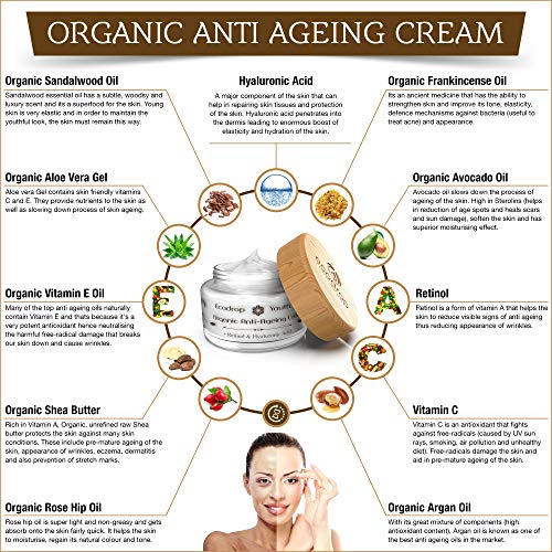 Ecodrop Organic Anti Ageing Cream | Crema Tratamiento Facial Antiedad Avanzada para Mujeres y Hombres | Completamente Natural | Con Ácido Hialurónico, Retinol y Aceite de Argán | Vegana