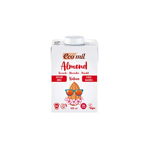 Ecomil Almond Nature Bio 500ml. Bebida de almendra sin azúcares. Sin lactosa, sin gluten, sin azúcares, sin soja, sin huevo, sin azúcares añadidos, sin proteína láctea, bajo contenido en sal y vegano