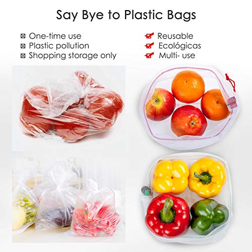Ecowaare 15PCS Bolsas Reutilizables Compra Ecológicas Bolsas Fruta Reutilizables para Almacenamiento Verduras Juguetes Lavable y Transpirable 3 Tamaños (5*S, 5*M, 5*L)