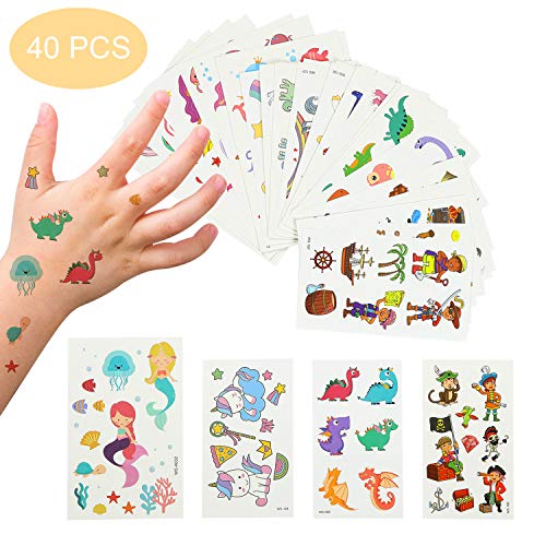 EKKONG Tatuajes Temporales para Niños Niñas, 40 Hojas Tatuajes Falso de Unicornio y Dinosaurio y Pirata y Sirena, Cumpleaños de Niños Infantiles Fiesta