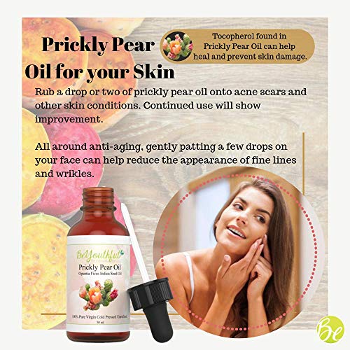 El aceite de semilla de higo chumbo BeYouthful (Aceite de Semillas de Cactus) presionado al frio y sin refinar, para la Piel, Rostro, Cabello, Labios y Uñas. Aceite de belleza versatil 50ml