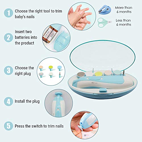 Eléctrico Lima de uñas del bebé Lima de uñas Set de Manicura y Pedicura para dedos de los pies y las uñas kit de Cortaúñas 6 intercambiables para niños recién nacidos y adultos cuidado seguro
