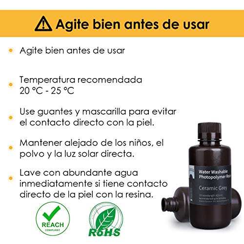 ELEGOO Lavable con Agua 3D Resina rápida para Impresora 3D LCD Resina de Curado UV Resina de Fotopolímero Estándar de 405 nm para Impresión LCD 3D 1000Gram Gris Arcilla