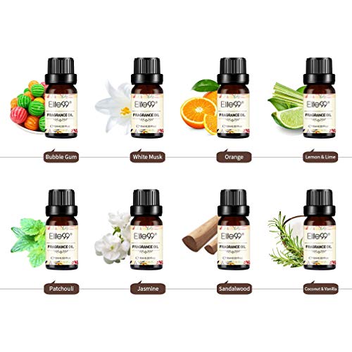 Elite99 Aceites de Fragancia, Aceites Esenciales para Humidificadores, Aceites de Aromaterapia de Caramelo, Almizcle blanco, Naranja, Limon, Pachulí, Jazmín, Sándalo, Coco y vainilla, 10ML
