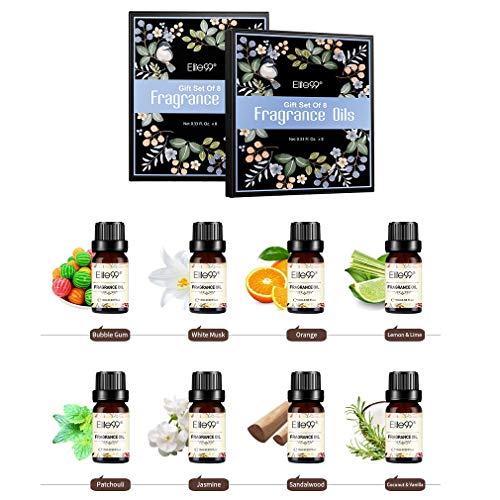 Elite99 Aceites de Fragancia, Aceites Esenciales para Humidificadores, Aceites de Aromaterapia de Caramelo, Almizcle blanco, Naranja, Limon, Pachulí, Jazmín, Sándalo, Coco y vainilla, 10ML