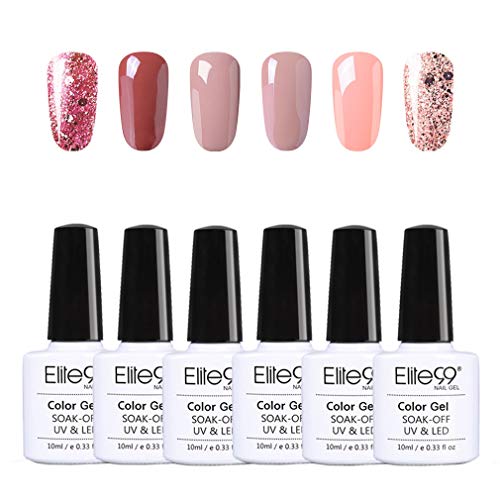 Elite99 Esmaltes Semipermanentes de Uñas en Gel UV LED, 6pcs Kit de Esmaltes de Uñas de Color Nude y Brillo Glitter 10ml 003