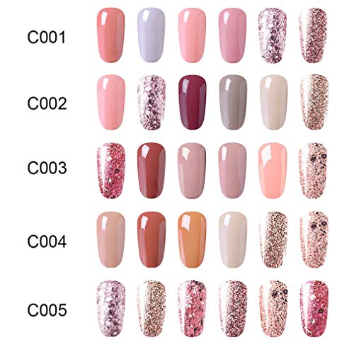 Elite99 Esmaltes Semipermanentes de Uñas en Gel UV LED, 6pcs Kit de Esmaltes de Uñas de Color Nude y Brillo Glitter 10ml 004