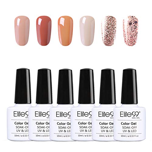 Elite99 Esmaltes Semipermanentes de Uñas en Gel UV LED, 6pcs Kit de Esmaltes de Uñas de Color Nude y Brillo Glitter 10ml 004