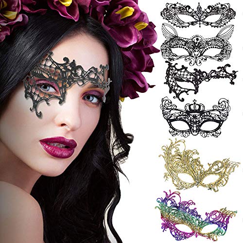 EMAGEREN 6pcs Máscaras Venecianas de Encaje, Antifaz de Encaje Negro, Máscara Atractiva para Mujer, Máscara para Halloween, Veneciano Carnaval, Masquerade, Fiesta de Baile, FIiesta de Soltera