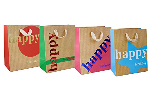 Emartbuy Conjunto de 4 Lujo Bolsa de Regalo Papel Laminado Fuerte Colores Mezclados 18 x 23 x 10 cm - Feliz Cumpleaños