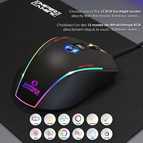 EMPIRE GAMING - Ratón Gamer con cable USB Hellfire - Resolución 10 000 DPI – 8 Botones programables – Retroiluminación LED RGB Rainbow 12 Modos – Software incluido