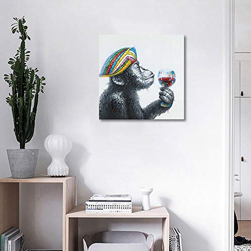 Encantador Pared Decor Pintura Dibujado a Mano Gorila Bebiendo Animales Pintura al óleo Estiramiento y Marco Lienzo Arte Acrilica Pintura al óleo,Withframe,60x60cm