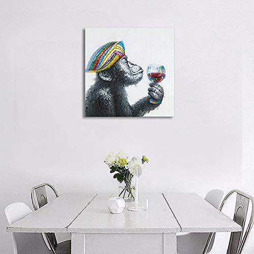 Encantador Pared Decor Pintura Dibujado a Mano Gorila Bebiendo Animales Pintura al óleo Estiramiento y Marco Lienzo Arte Acrilica Pintura al óleo,Withframe,60x60cm