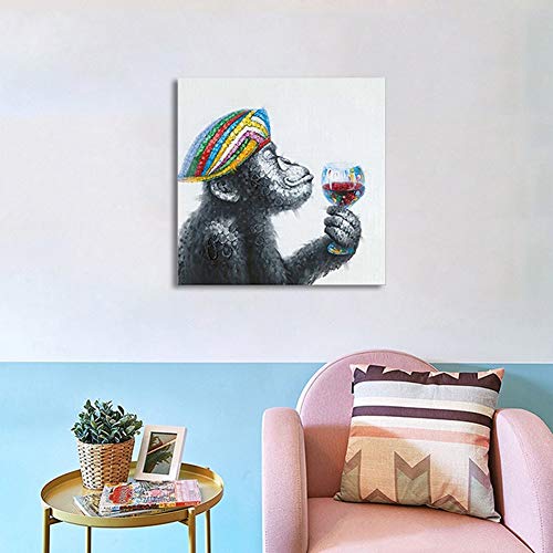 Encantador Pared Decor Pintura Dibujado a Mano Gorila Bebiendo Animales Pintura al óleo Estiramiento y Marco Lienzo Arte Acrilica Pintura al óleo,Withframe,60x60cm