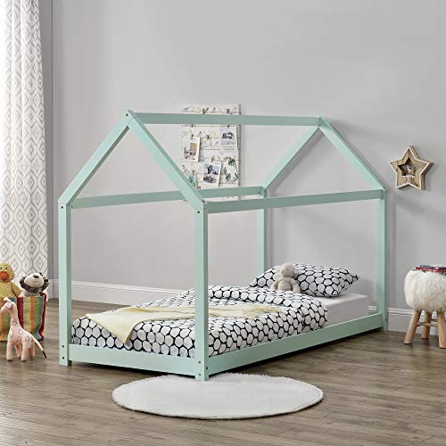 [en.casa] Cama para niños de Madera Pino - 200x90cm - Cama Infantil - Forma de casa - Color Verde Menta Lacado Mate