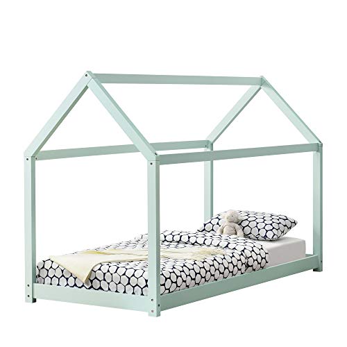 [en.casa] Cama para niños de Madera Pino - 200x90cm - Cama Infantil - Forma de casa - Color Verde Menta Lacado Mate