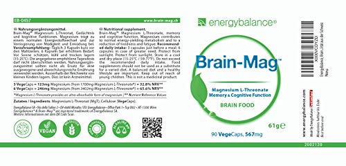 EnergyBalance, Brain-Mag, Magnesium-L-Threonate, 567mg, 90 VegeCaps - Alta biodisponibilidad - Sin Vegetales ni Gluten - Calidad de marca de Suiza