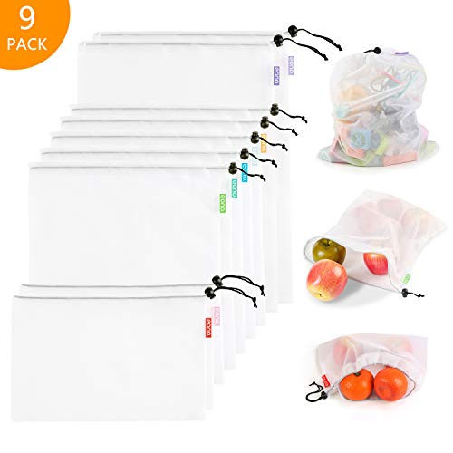 Eono by Amazon - Bolsas Compra Reutilizables Ecológicas Bolsa de Malla para Almacenamiento Fruta Verduras Juguetes Lavable y Transpirable 3 Diversos Tamaños, 9 Pcs (2L+5M+2S)
