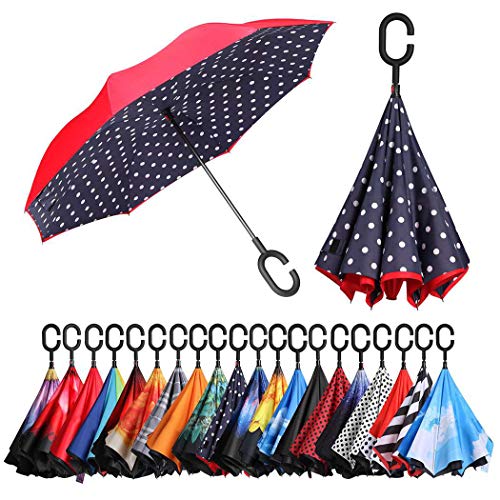 Eono by Amazon - Paraguas Invertido de Doble Capa, Paraguas Plegable de Manos Libres Autoportante,Paraguas a Prueba de Viento Anti-UV para la Lluvia del Coche al Aire Iibre, Azul/Punto