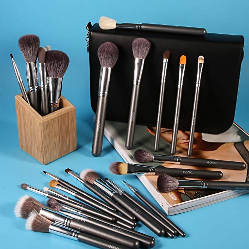 Eono by Amazon - Set de Brochas de Maquillaje Profesional, 29pcs Kit de Maquillaje para Difuminar Base y Sombra de Ojos con base de pelo de cabra, Bolso de Viaje de Cuero Sintético
