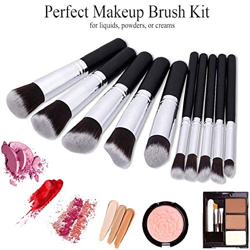 EONO Essential Set de Brochas de Maquillaje Profesional, Synthetic Kabuki Premium para Base Polvos Colorete Contorno, con Esponja y Limpiador de Cepillo (10+2 Piezas, Negro/Plateado)