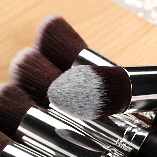 EONO Essential Set de Brochas de Maquillaje Profesional, Synthetic Kabuki Premium para Base Polvos Colorete Contorno, con Esponja y Limpiador de Cepillo (10+2 Piezas, Negro/Plateado)