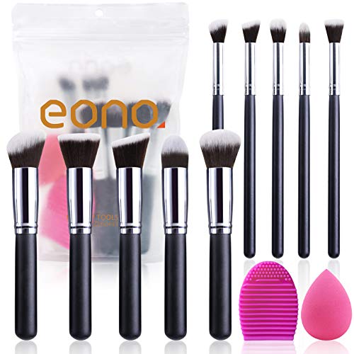 EONO Essential Set de Brochas de Maquillaje Profesional, Synthetic Kabuki Premium para Base Polvos Colorete Contorno, con Esponja y Limpiador de Cepillo (10+2 Piezas, Negro/Plateado)