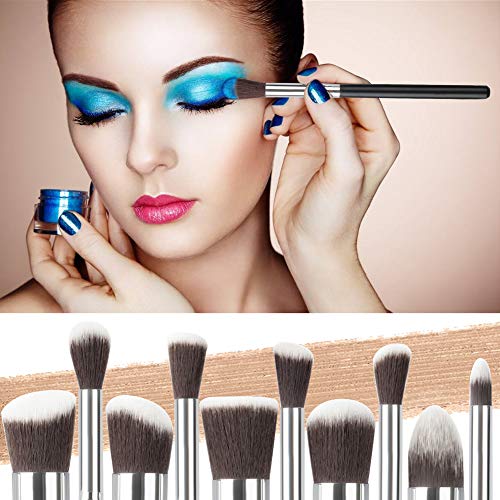EONO Essential Set de Brochas de Maquillaje Profesional, Synthetic Kabuki Premium para Base Polvos Colorete Contorno, con Esponja y Limpiador de Cepillo (10+2 Piezas, Negro/Plateado)