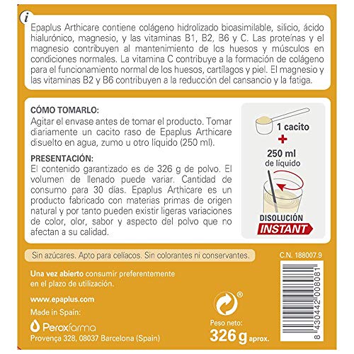 Epaplus Articulaciones Colágeno + Silicio + Ácido Hialurónico INSTANT-30 Días (326 gramos,sabor vainilla)