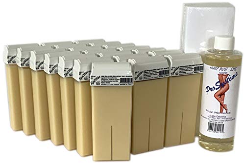 Epilwax S.A.S. – Juego de 24 roll-on de cera épilatoire desechable blanca, con ruedas gran modelo para piernas, aisselles, y el cuerpo, con 250 bandas y 1 bote de aceite Après Depilación.
