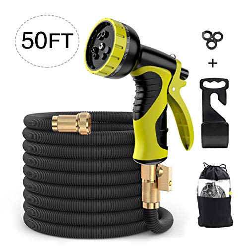 ERAY Manguera Jardín Manguera Extensible 15M/50FT, Triple Núcleo de Látex, Pistola de 9 Patrones de Pulverización, Resistente y Anticongelante, Color Negro