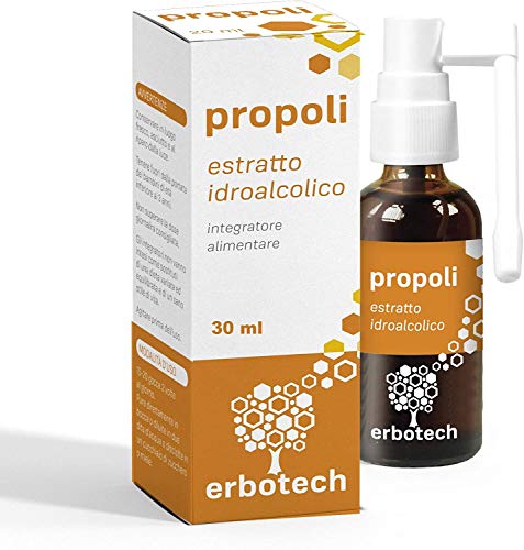 ERBOTECH Propoleo (Propolis) Spray 30 ml, tintura madre, extracto 100% puro, remedio natural para el dolor de garganta y tos, contribuye al bienestar del tracto respiratorio, vegano