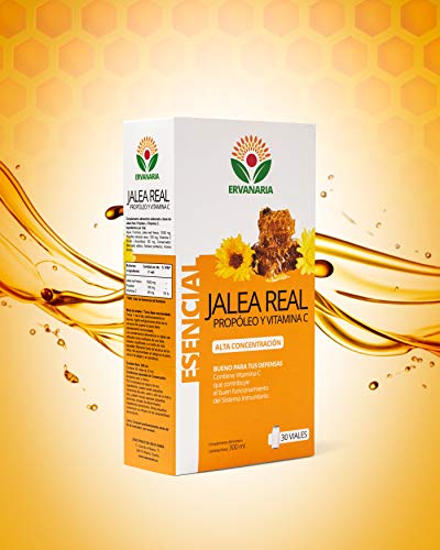 ERVANARIA Jalea Real con Propóleo y vitamina C, 30 Viales, alta concentración, reduce el cansancio y la fatiga, refuerza el sistema inmunológico, potencia tu mente, mejora tu memoria, aporta energía